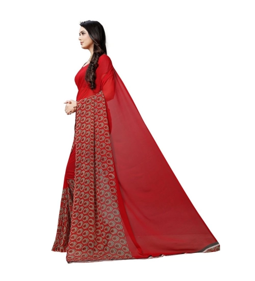 Generic Women's Georgette Printed Saree With Unstitched Blouse 5.5Mtr (Red)