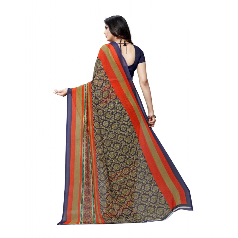 Women's Georgette Printed Saree With Unstitched Blouse 5.5Mtr (Blue)