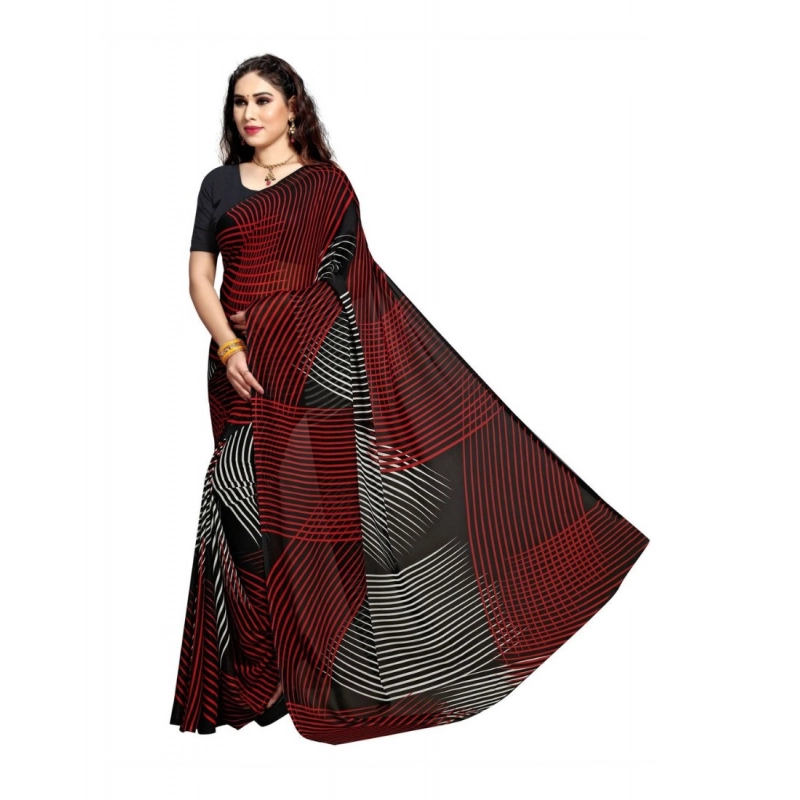 Women's Georgette Printed Saree With Unstitched Blouse 5.5Mtr (Black)