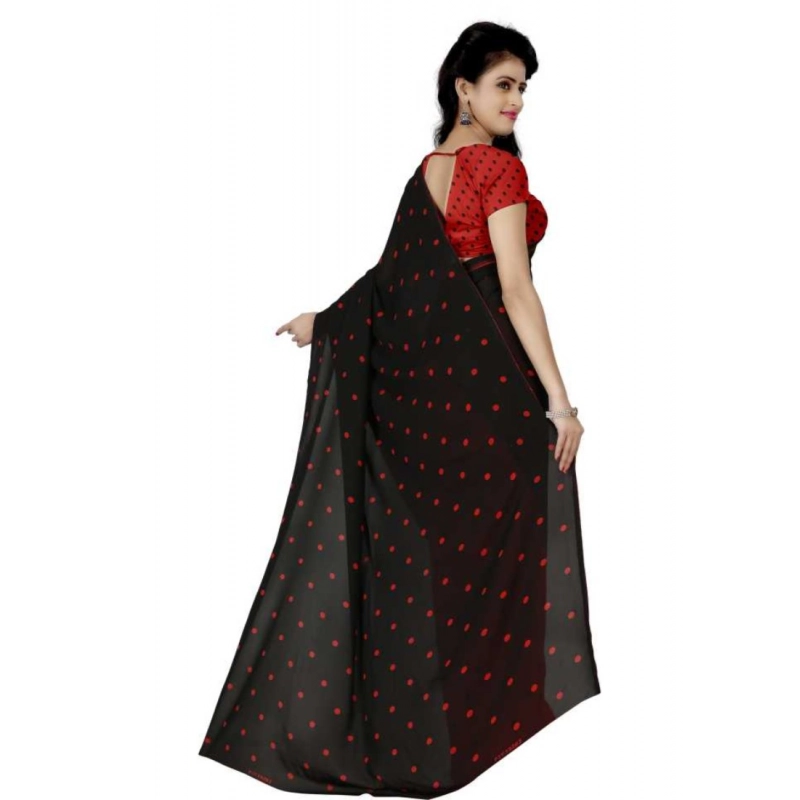 Women's Faux Georgette Printed Saree With Unstitched Blouse 5.5Mtr (Red black)
