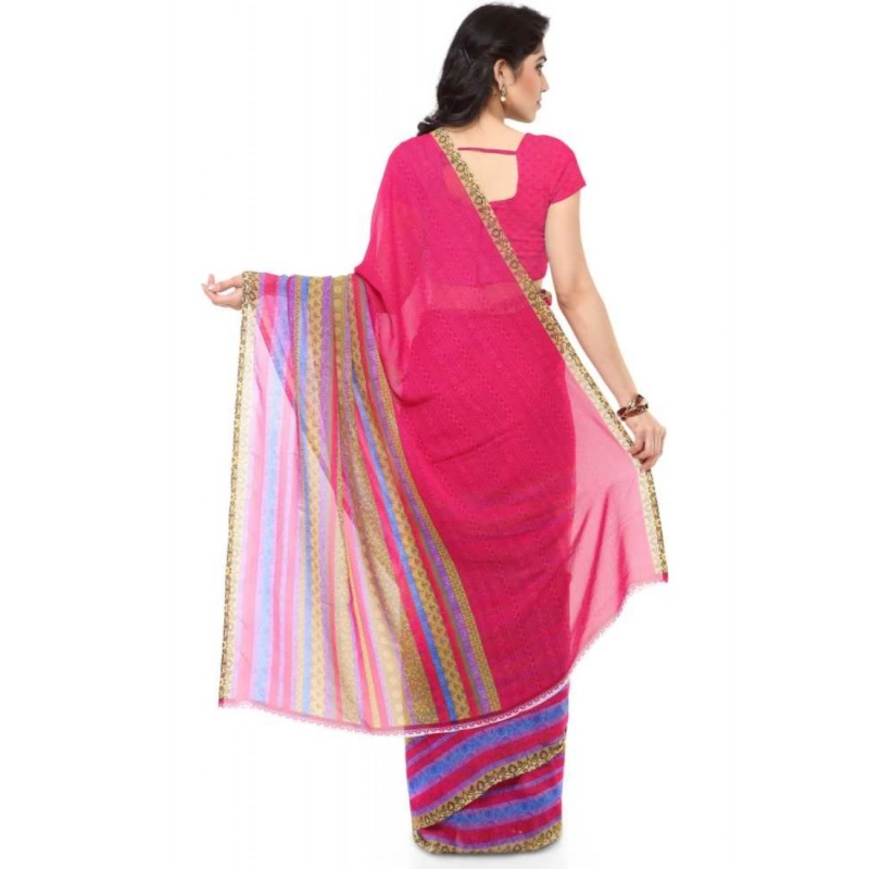 Women's Faux Georgette Printed Saree With Unstitched Blouse 5.5Mtr (Pink)