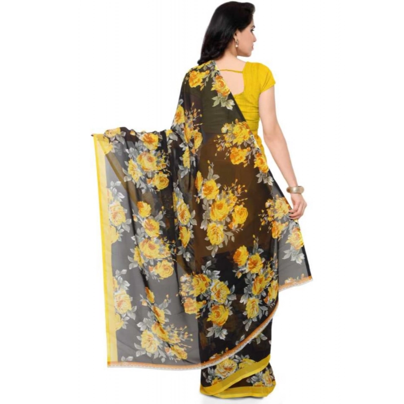 Women's Faux Georgette Printed Saree With Unstitched Blouse 5.5Mtr (Yellow)