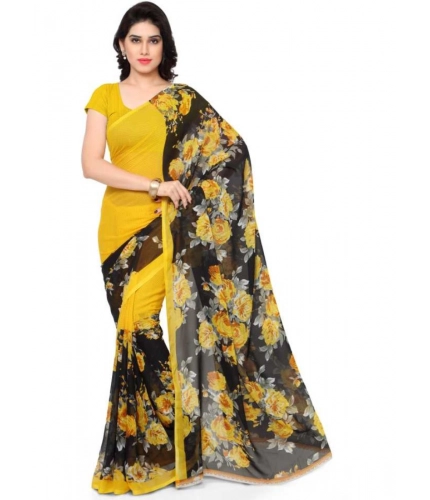 Generic Women's Faux Georgette Printed Saree With Unstitched Blouse 5.5Mtr (Yellow)