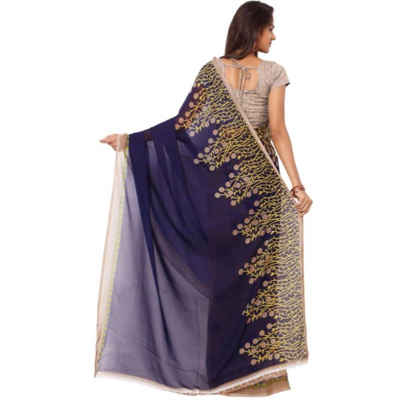 Women's Faux Georgette Printed Saree With Unstitched Blouse 5.5Mtr (Blue)