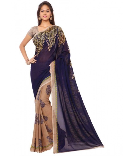 Generic Women's Faux Georgette Printed Saree With Unstitched Blouse 5.5Mtr (Blue)