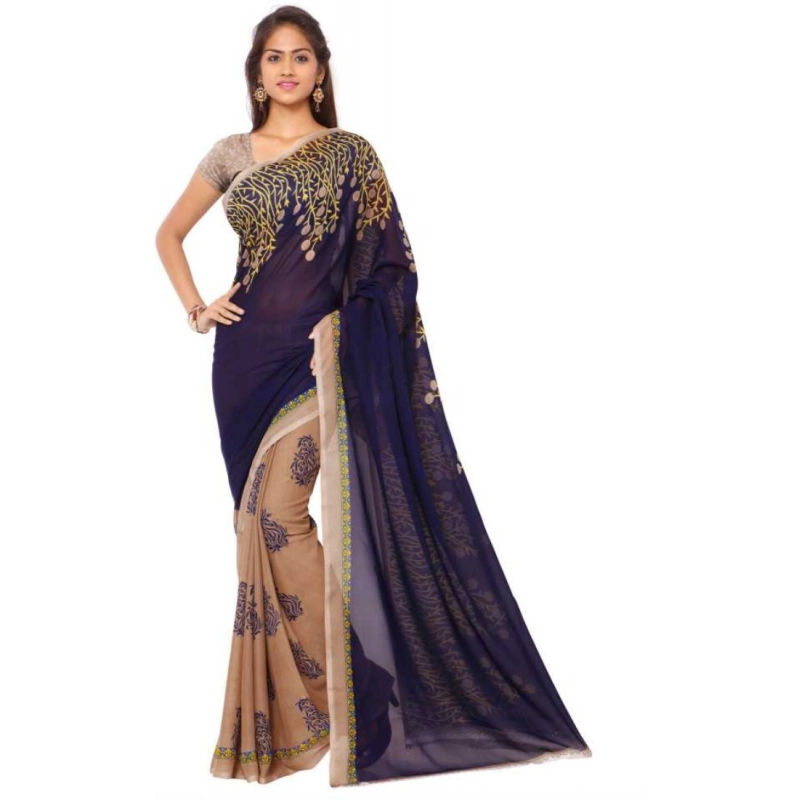 Women's Faux Georgette Printed Saree With Unstitched Blouse 5.5Mtr (Blue)