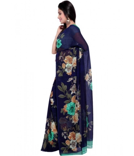 Generic Women's Faux Georgette Printed Saree With Unstitched Blouse 5.5Mtr (Blue)