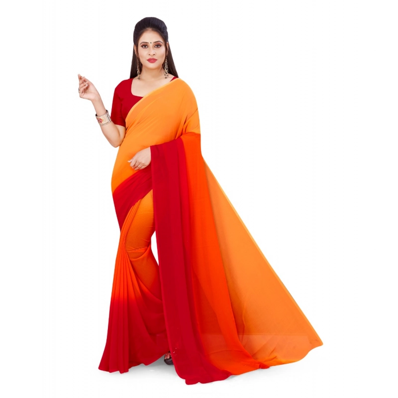 Women's Georgette Solid Saree With Unstitched Blouse 5.5Mtr (Orange)