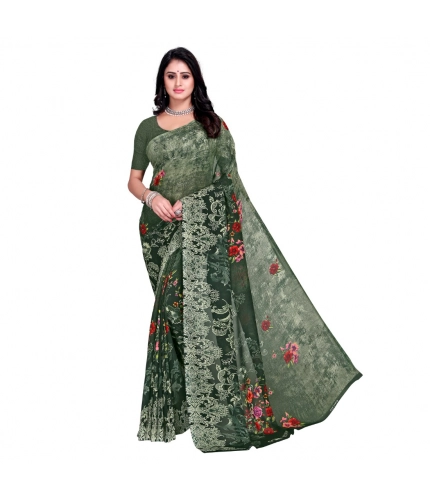 Generic Women's Faux Georgette Printed Saree With Unstitched Blouse 5.5Mtr (Green)