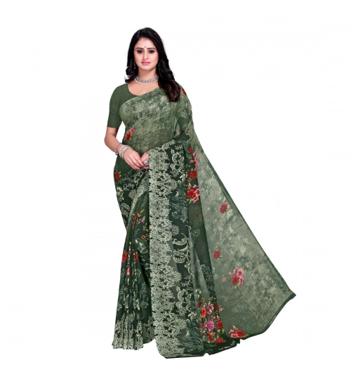 Generic Women's Faux Georgette Printed Saree With Unstitched Blouse 5.5Mtr (Green)
