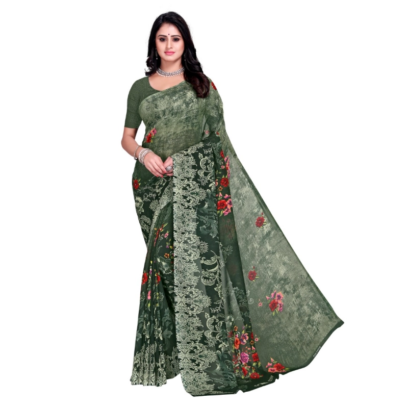 Women's Faux Georgette Printed Saree With Unstitched Blouse 5.5Mtr (Green)