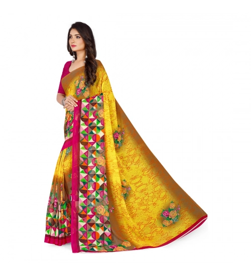 Generic Women's Faux Georgette Printed Saree With Unstitched Blouse 5.5Mtr (Yellow)