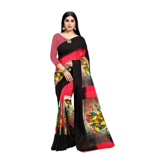 Generic Women's Georgette Printed Saree With Unstitched Blouse 5.5Mtr (Pink)