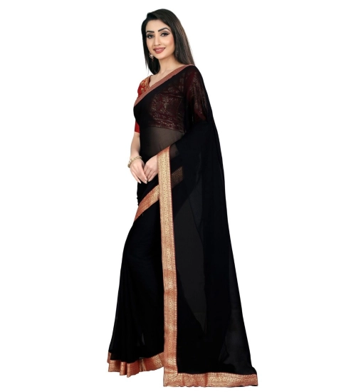 Generic Women's Chiifon Saree Printed Saree With Unstitched Blouse 5.5Mtr (Black)