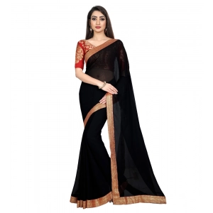Generic Women's Chiifon Saree Printed Saree With Unstitched Blouse 5.5Mtr (Black)