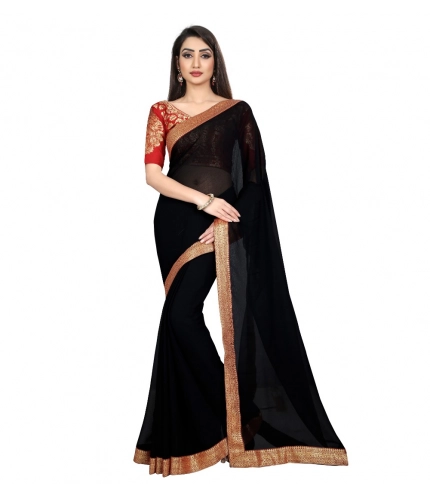 Generic Women's Chiifon Saree Printed Saree With Unstitched Blouse 5.5Mtr (Black)