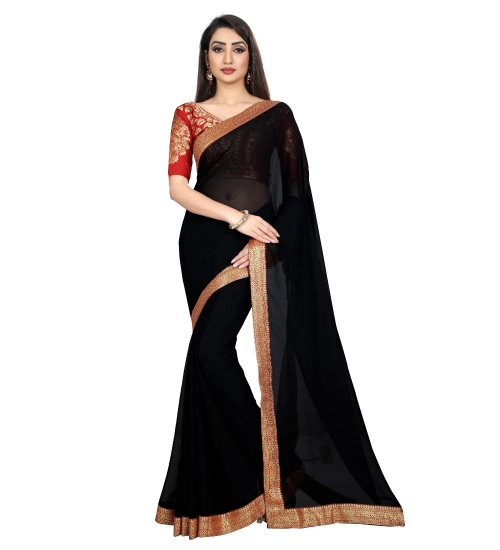 Generic Women's Chiifon Saree Printed Saree With Unstitched Blouse 5.5Mtr (Black)