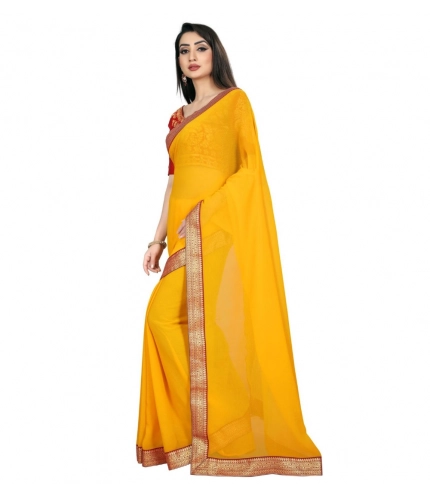 Generic Women's Chiifon Saree Printed Saree With Unstitched Blouse 5.5Mtr (Yellow)