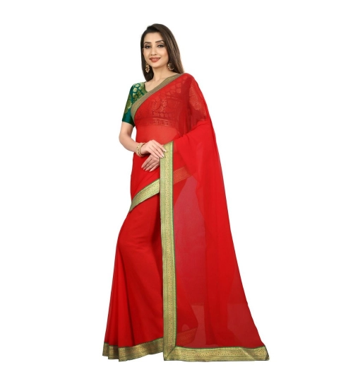 Generic Women's Chiifon Saree Printed Saree With Unstitched Blouse 5.5Mtr (Red)