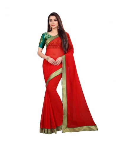 Generic Women's Chiifon Saree Printed Saree With Unstitched Blouse 5.5Mtr (Red)