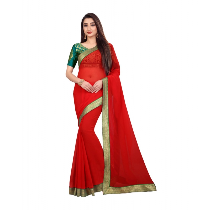 Women's Chiifon Saree Printed Saree With Unstitched Blouse 5.5Mtr (Red) Women's Chiifon Saree Printed Saree With Unstitched Blouse 5.5Mtr (Red)