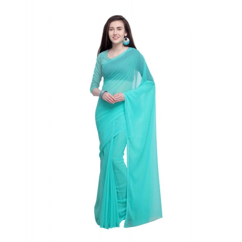 Women's Dyed Solid Saree With Unstitched Blouse 5.5Mtr (Seablue)