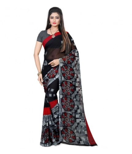 Generic Women's Georgette Printed Saree With Unstitched Blouse 5.5Mtr (Black)