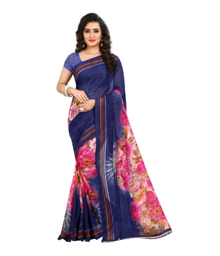 Generic Women's Georgette Printed Saree With Unstitched Blouse 5.5Mtr (Blue)