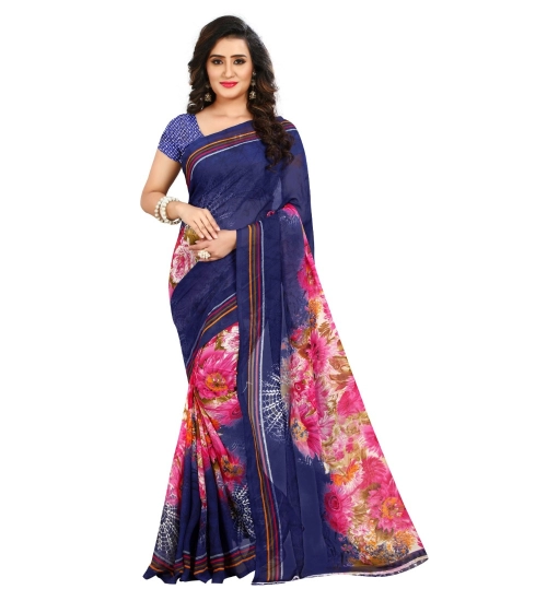 Generic Women's Georgette Printed Saree With Unstitched Blouse 5.5Mtr (Blue)