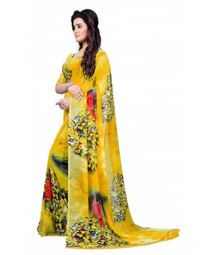 Generic Women's Faux Georgette Printed Saree With Unstitched Blouse 5.5Mtr (Yellow)