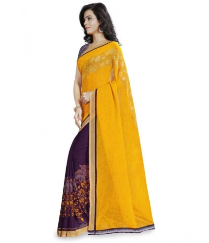 Generic Women's Faux Georgette Printed Saree With Unstitched Blouse 5.5Mtr (Yellow)