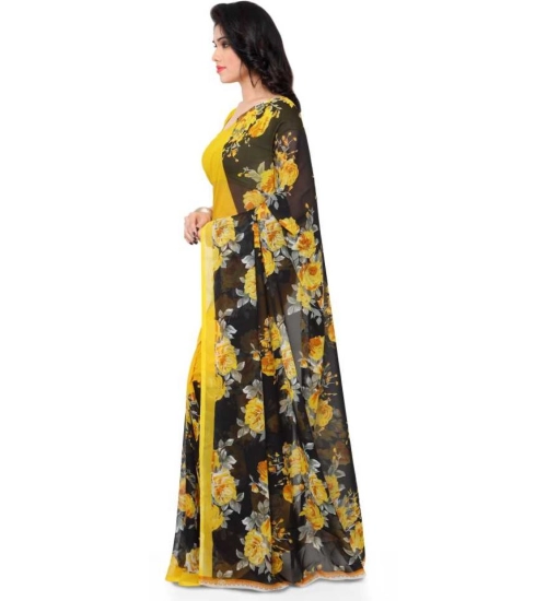 Generic Women's Faux Georgette Printed Saree With Unstitched Blouse 5.5Mtr (Yellow)