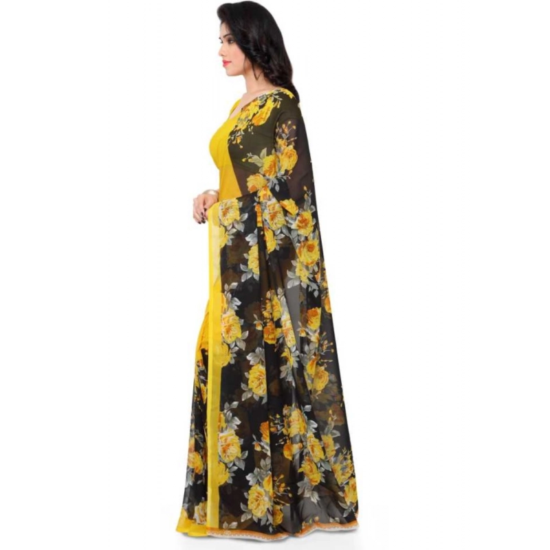 Women's Faux Georgette Printed Saree With Unstitched Blouse 5.5Mtr (Yellow)