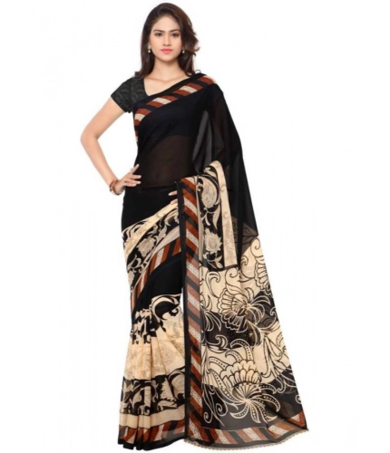 Generic Women's Faux Georgette Printed Saree With Unstitched Blouse 5.5Mtr (Black)