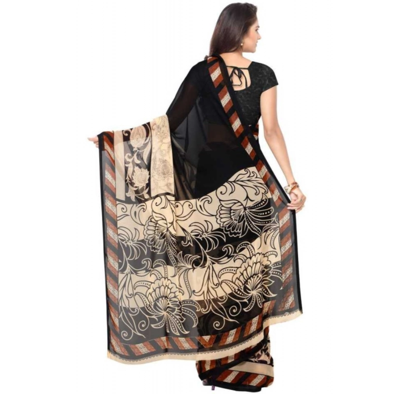 Women's Faux Georgette Printed Saree With Unstitched Blouse 5.5Mtr (Black)