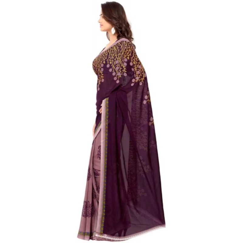 Women's Faux Georgette Printed Saree With Unstitched Blouse 5.5Mtr (Wine)
