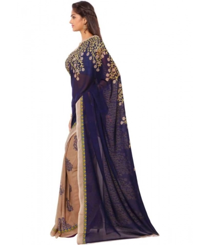 Generic Women's Faux Georgette Printed Saree With Unstitched Blouse 5.5Mtr (Blue)