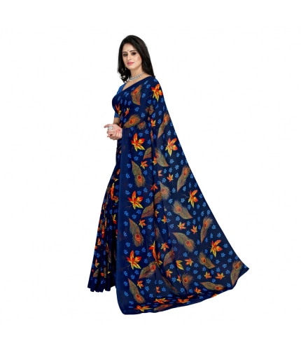 Generic Women's Faux Georgette Printed Saree With Unstitched Blouse 5.5Mtr (Blue)