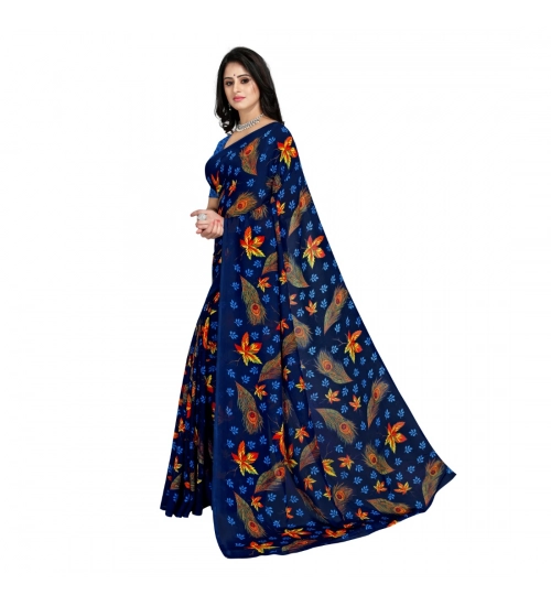Generic Women's Faux Georgette Printed Saree With Unstitched Blouse 5.5Mtr (Blue)