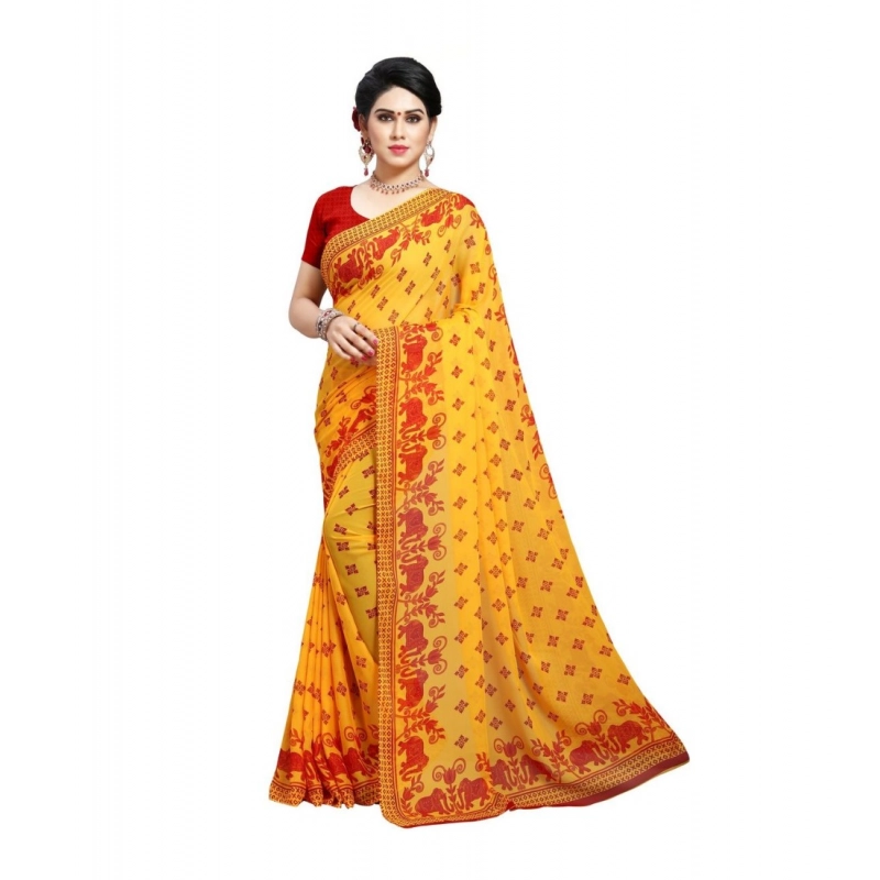 Women's Georgette Printed Saree With Unstitched Blouse 5.5Mtr (Red)