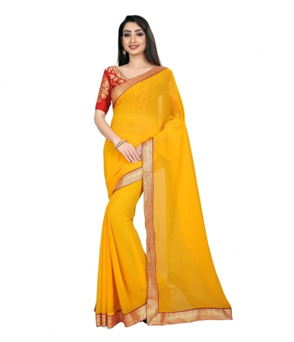 Generic Women's Chiifon Saree Printed Saree With Unstitched Blouse 5.5Mtr (Yellow)