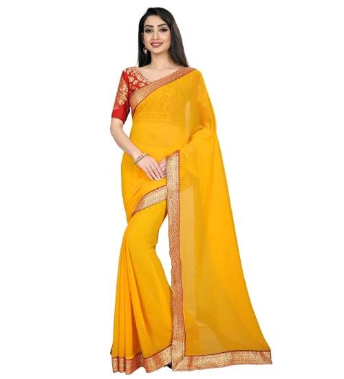 Generic Women's Chiifon Saree Printed Saree With Unstitched Blouse 5.5Mtr (Yellow)