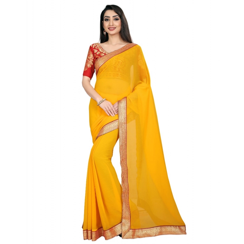Women's Chiifon Saree Printed Saree With Unstitched Blouse 5.5Mtr (Yellow) Women's Chiifon Saree Printed Saree With Unstitched Blouse 5.5Mtr (Yellow)