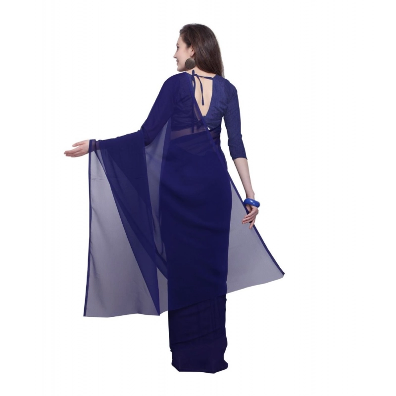 Women's Dyed Solid Saree With Unstitched Blouse 5.5Mtr (Dark Blue)
