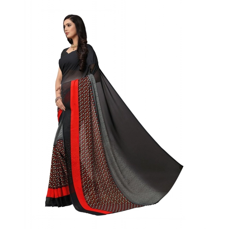 Women's Georgette Printed Saree With Unstitched Blouse 5.5Mtr (Black)