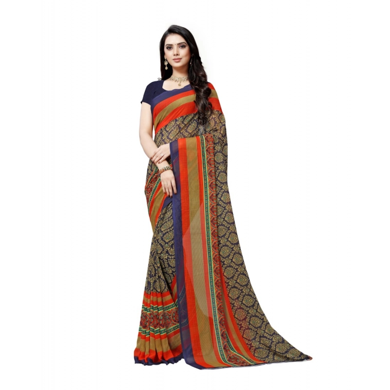 Women's Georgette Printed Saree With Unstitched Blouse 5.5Mtr (Blue)