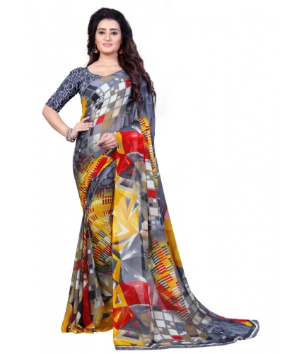 Generic Women's Faux Georgette Printed Saree With Unstitched Blouse 5.5Mtr (Grey)