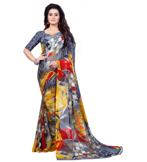 Generic Women's Faux Georgette Printed Saree With Unstitched Blouse 5.5Mtr (Grey)