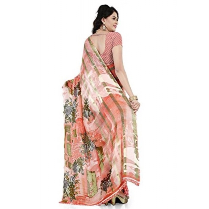 Women's Faux Georgette Printed Saree With Unstitched Blouse 5.5Mtr (Orange)