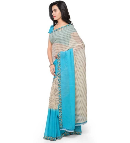 Generic Women's Faux Georgette Printed Saree With Unstitched Blouse 5.5Mtr (Blue)